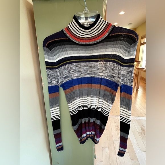 JED Silk Multi-Colored Striped Metallic Ribbed Mock Neck Sweater Sz Medium - Picture 2 of 10